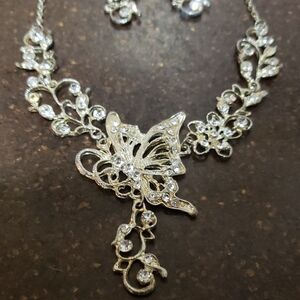 Avalaya Clear Austrian Crystal 'Butterfly' Necklace & Drop Earring Set Rhodium